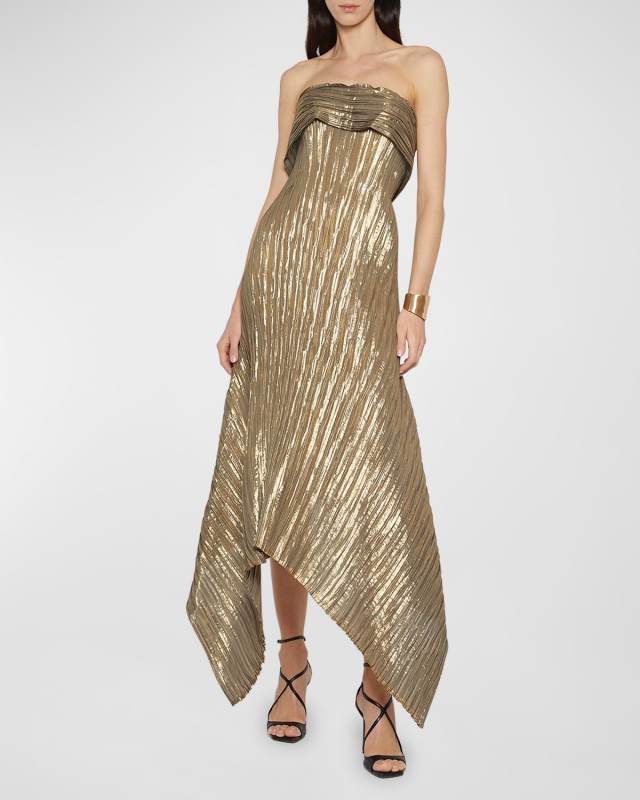Strapless Metallic Plisse Pannier-Panel Midi Dress